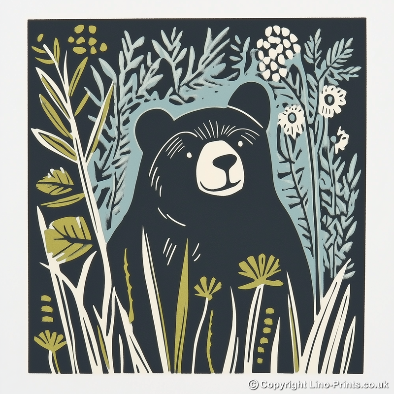 Cute Bear Cub Linoprint-Style Art (1193-2)