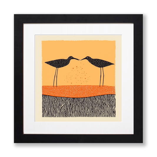 Redshanks feeding at the edge Linoprint-Style Art (2119-1)