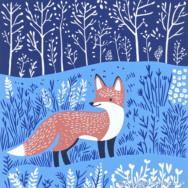 Fox in a woodland Linoprint-Style Art (1005-1)