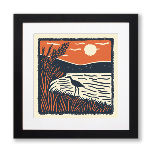 Curlew calling in the shallows Linoprint-Style Art (1978-1)