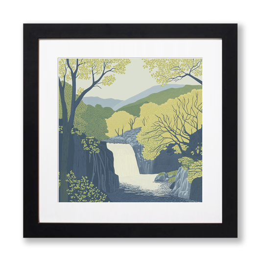 Aira Force waterfall in the Lake District Linoprint-Style Art (2355-1)