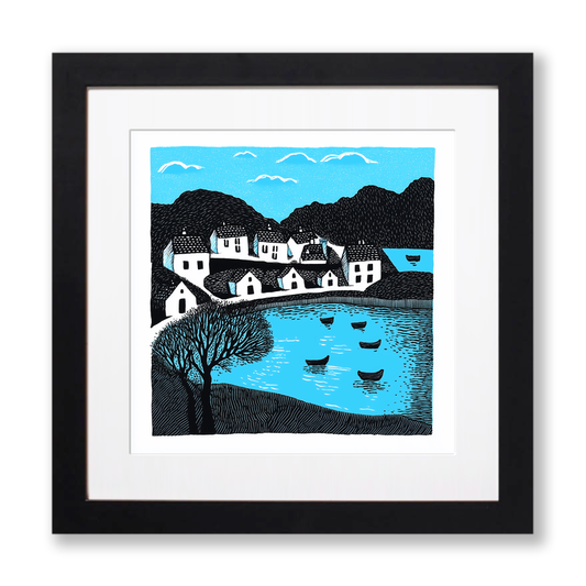 Portree Harbour, Isle of Skye Linoprint-Style Art (811-1)