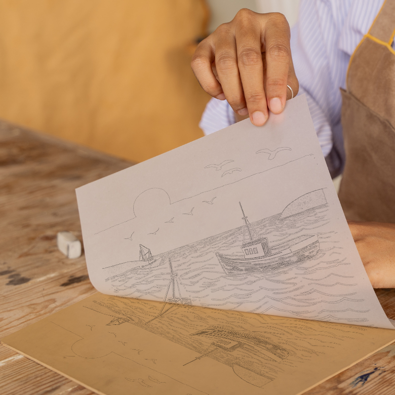 Fishing boats at sea Linoprint-Style Art (969-1)