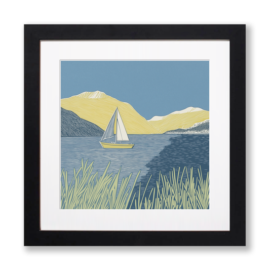 Sailboat with fells behind Linoprint-Style Art (2527-1)