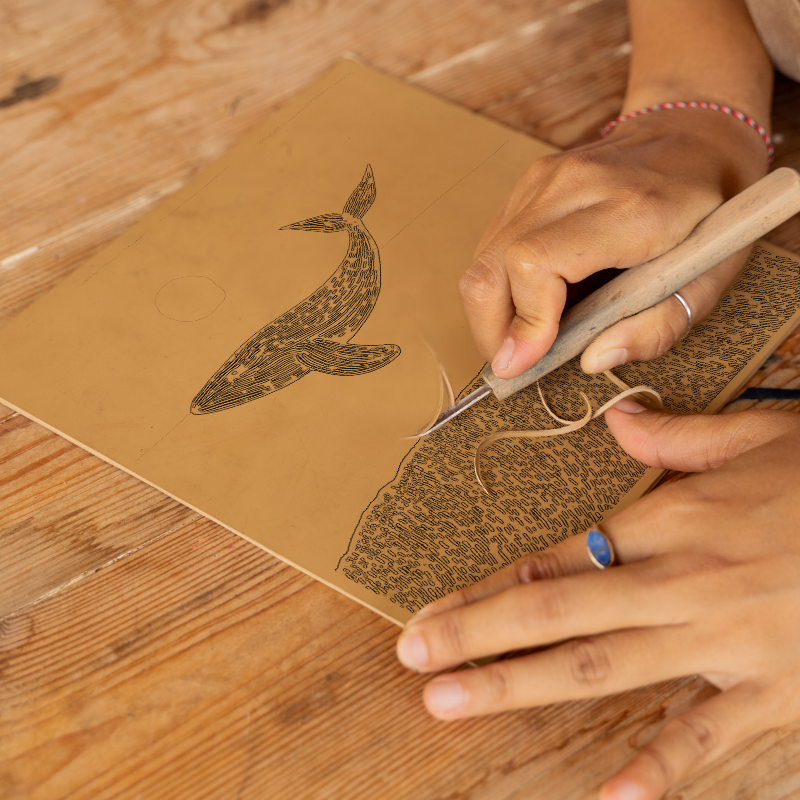 Whale breaching the surface Linoprint-Style Art (278-2)