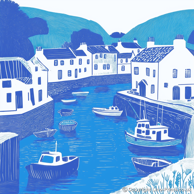Polperro Harbour, Cornwall Linoprint-Style Art (1098-1)