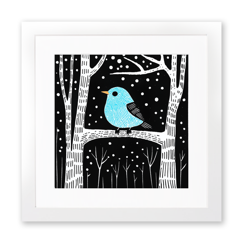 Robin on frosty branch Linoprint-Style Art (730-1)