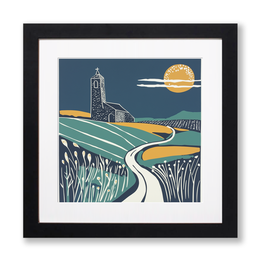 Church tower rising from flat fields Linoprint-Style Art (1869-1)