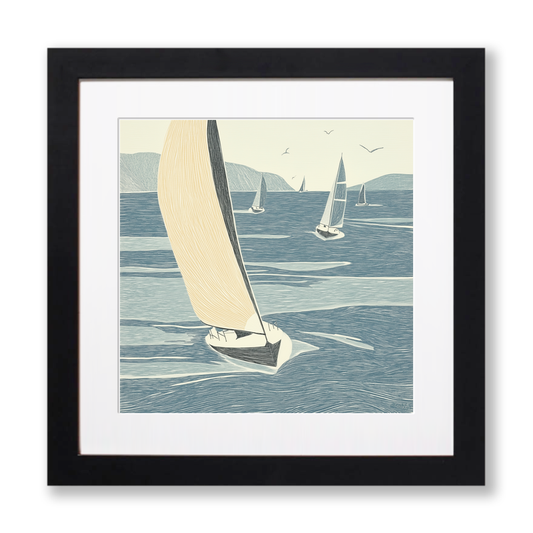Sailing yachts racing Linoprint-Style Art (2531-1)