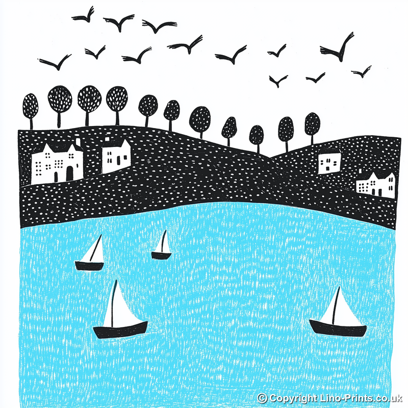 Whitby Harbour, North Yorkshire Linoprint-Style Art (825-1)