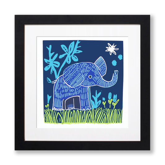 Cute Elephant Calf Linoprint-Style Art (910-1)