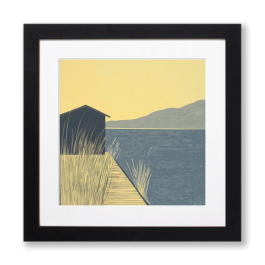 Boathouse silhouette on lake edge Linoprint-Style Art (2371-1)