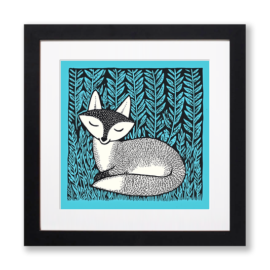 Ferns with resting fox Linoprint-Style Art (713-1)