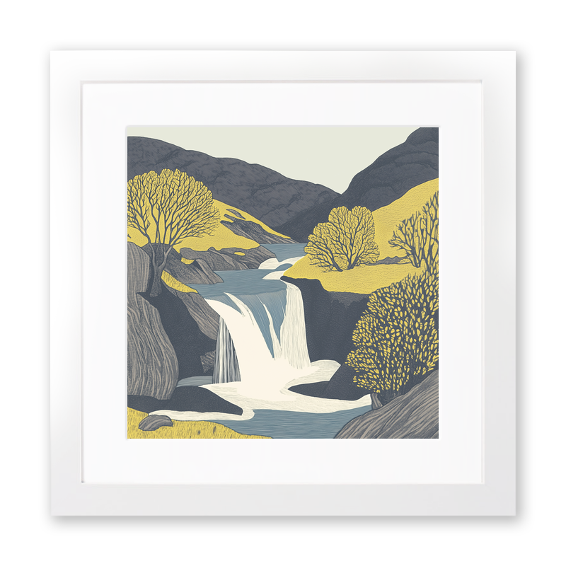 Stock Ghyll Force waterfall Linoprint-Style Art (2563-2)