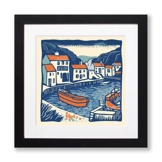 Polperro Harbour, Cornwall Linoprint-Style Art (144-1)