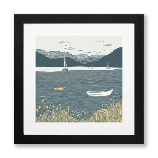 Windermere lake shore with boats Linoprint-Style Art (2604-3)