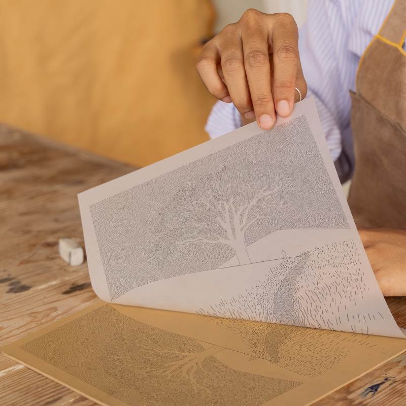 Wall silhouette leading towards a silhouetted tree Linoprint-Style Art (2593-2)