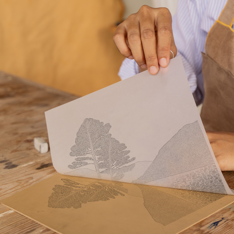 Pine trees silhouette on a lake island (e.g., Derwentwater) Linoprint-Style Art (2504-6)