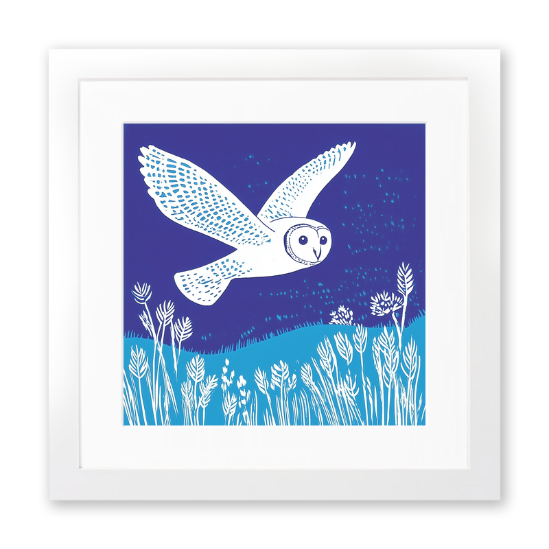 Barn owl in flight Linoprint-Style Art (998-1)