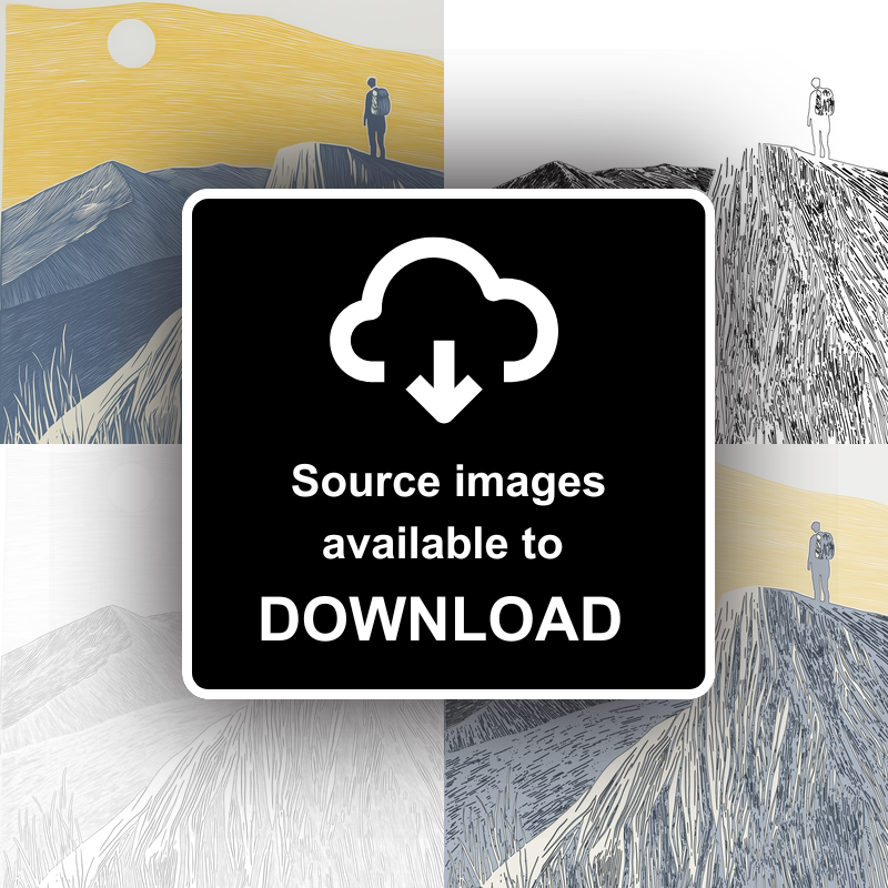 Hiker silhouette on a fell ridge Linoprint-Style Art (2454-1)