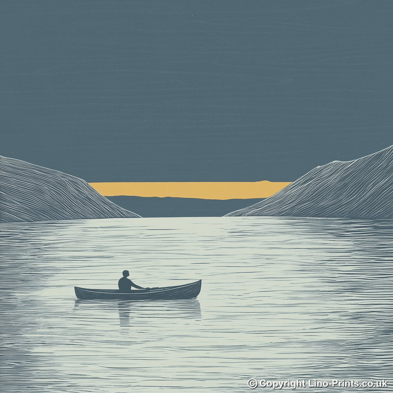 Kayaker silhouette on calm water Linoprint-Style Art (2468-1)