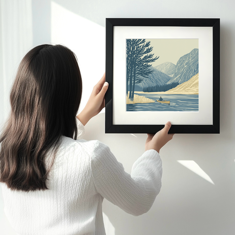 Kayaker near Buttermere pines Linoprint-Style Art (2467-3)