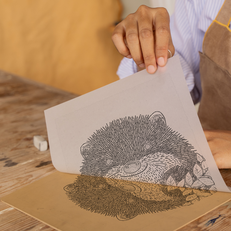 Hedgehog in autumn leaves Linoprint-Style Art (717-1)