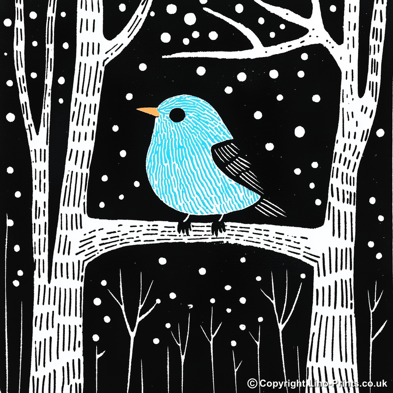 Robin on frosty branch Linoprint-Style Art (730-1)