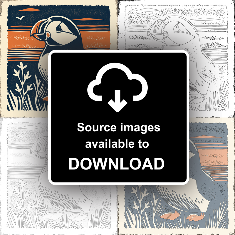 Cute Puffin/Puffling Linoprint-Style Art (73-1)