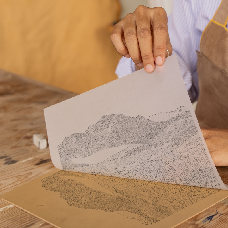 The Langdale Pikes silhouette in the Lake District Linoprint-Style Art (2579-2)