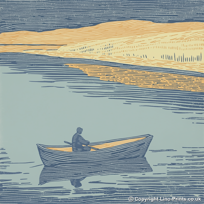 Person rowing boat with reflections Linoprint-Style Art (2498-1)
