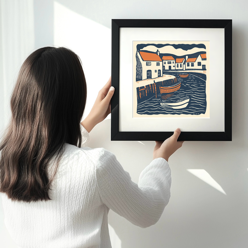 Broadland village with boat moorings Linoprint-Style Art (1964-1)