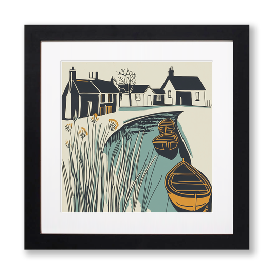 Broadland village with boat moorings Linoprint-Style Art (1864-1)