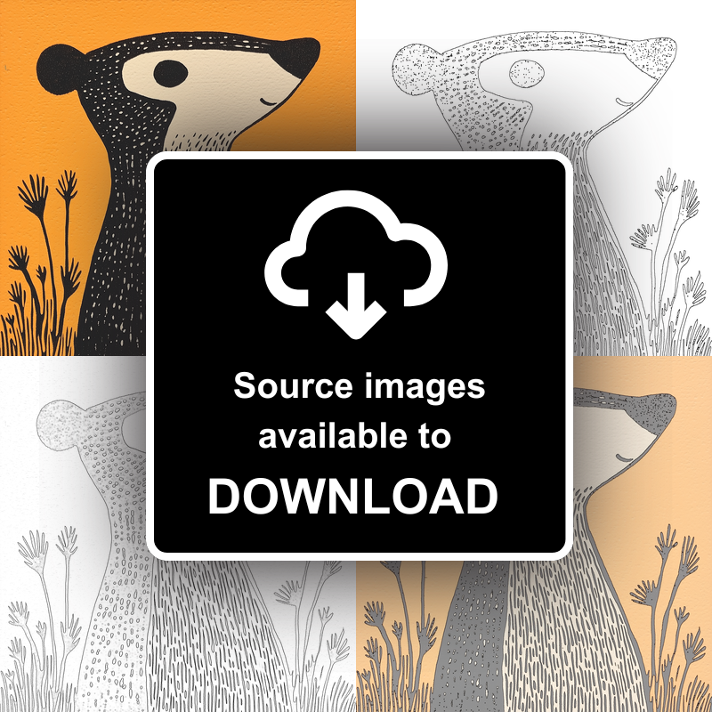 Cute Baby Badger Linoprint-Style Art (205-2)