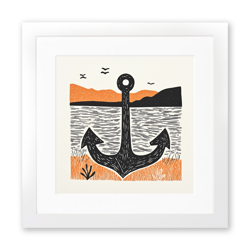 Rusty anchor buried in the shore Linoprint-Style Art (2123-1)