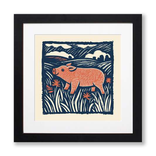 Cute Piglet Linoprint-Style Art (72-1)