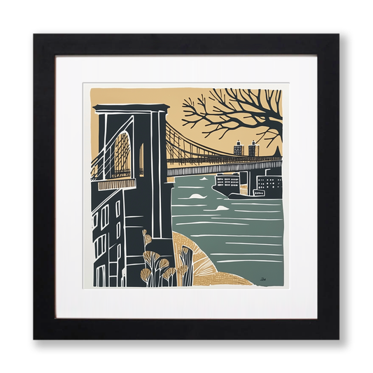 New York Brooklyn Bridge Linoprint-Style Art (1151-1)