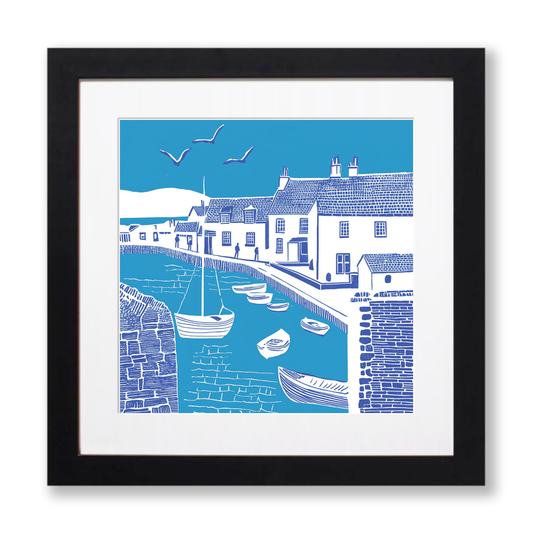 Mousehole Harbour, Cornwall Linoprint-Style Art (1096-3)