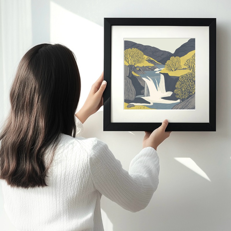 Stock Ghyll Force waterfall Linoprint-Style Art (2563-2)