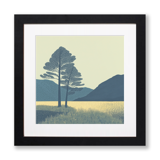 Pine trees silhouette on a lake island (e.g., Derwentwater) Linoprint-Style Art (2504-6)
