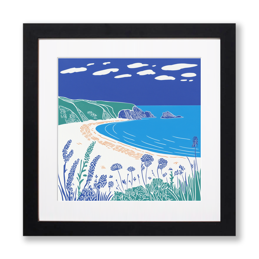 Porthcurno Beach Linoprint-Style Art (895-3)