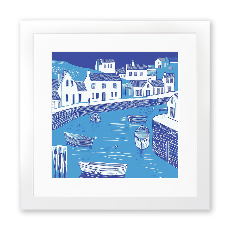Mevagissey Harbour, Cornwall Linoprint-Style Art (1095-2)