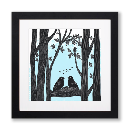 Brambles with birds nesting Linoprint-Style Art (709-1)