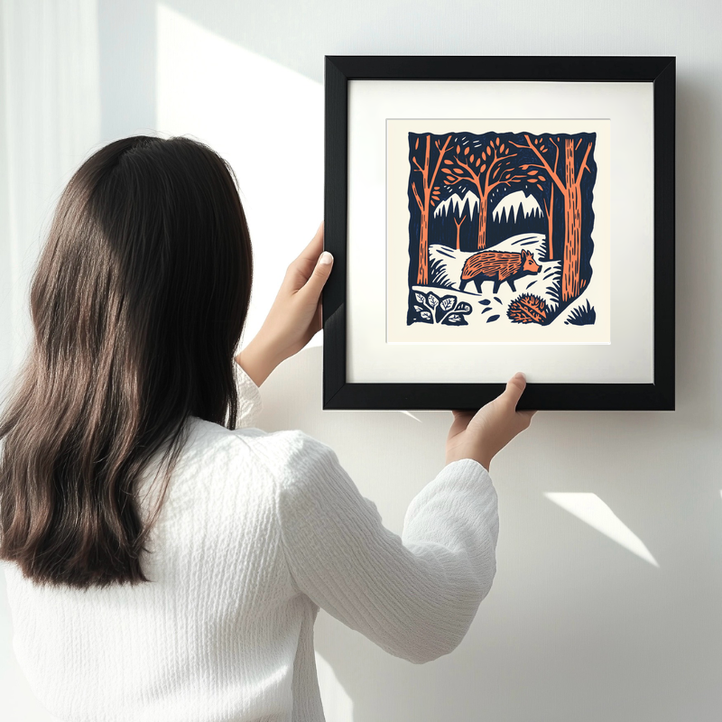 Wild boar in forest Linoprint-Style Art (117-1)