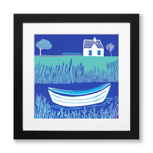 Norfolk Broads boat on still water Linoprint-Style Art (1809-1)