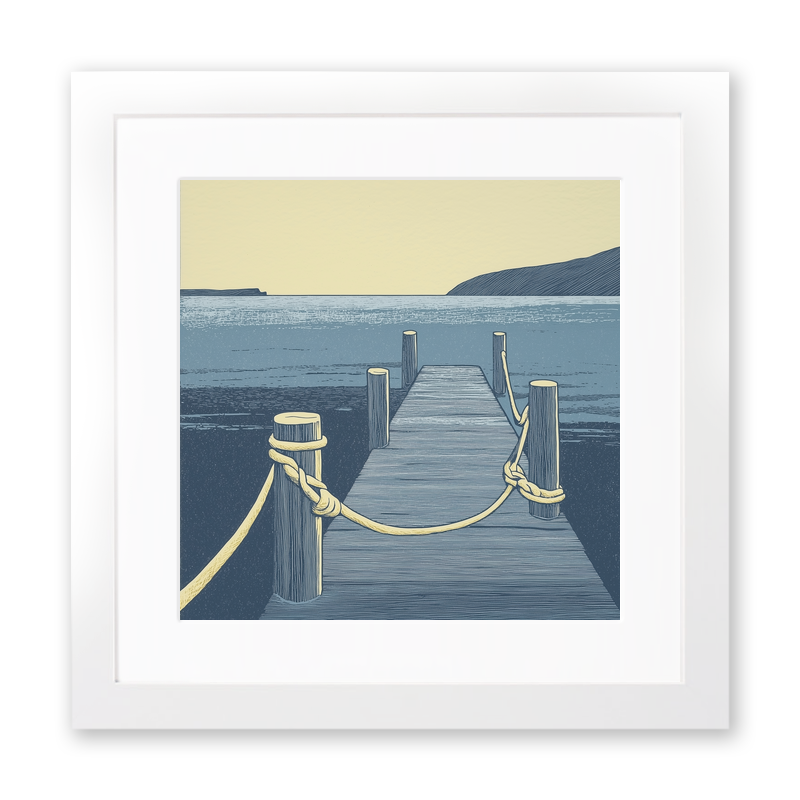 Jetty with mooring posts and ropes Linoprint-Style Art (2464-1)