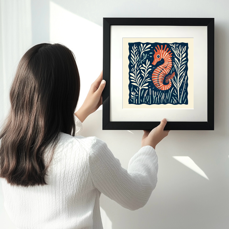 Seahorse in seaweed Linoprint-Style Art (109-1)