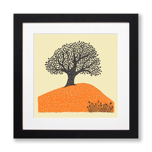 Ancient oak in a Norfolk field Linoprint-Style Art (2055-2)