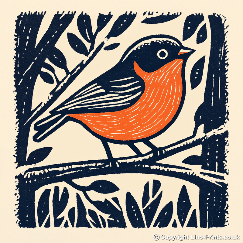 Robin on frosty branch Linoprint-Style Art (107-1)