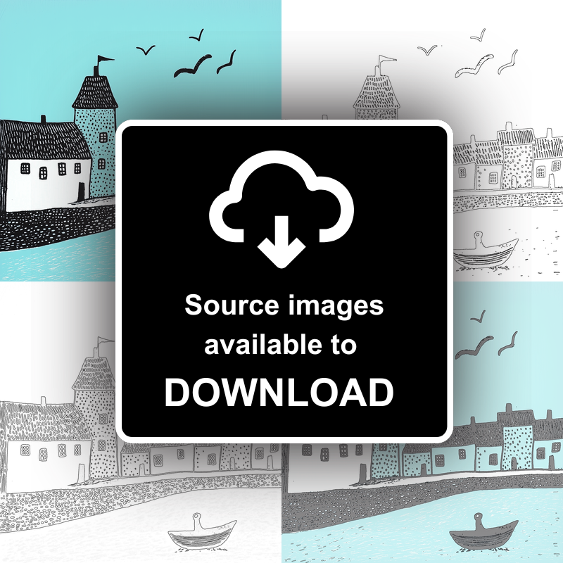 Mevagissey Harbour, Cornwall Linoprint-Style Art (804-1)
